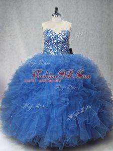 Floor Length Lace Up Quinceanera Gown Blue for Sweet 16 and Quinceanera with Beading and Ruffles