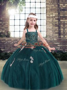 Teal Spaghetti Straps Lace Up Appliques Child Pageant Dress Sleeveless