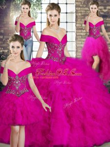 Enchanting Fuchsia Sleeveless Beading and Ruffles Floor Length Quinceanera Dresses