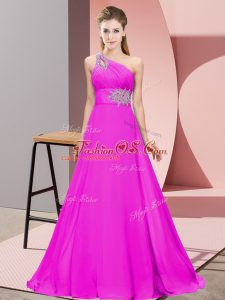 Customized Fuchsia Empire One Shoulder Sleeveless Chiffon Floor Length Lace Up Beading and Ruching Prom Gown