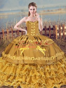 New Style Brown Ball Gowns Embroidery and Ruffles Quince Ball Gowns Lace Up Organza Sleeveless