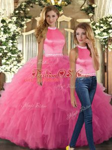 Fitting Hot Pink Halter Top Neckline Beading and Ruffles Sweet 16 Quinceanera Dress Sleeveless Backless
