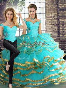 Super Tulle Off The Shoulder Sleeveless Lace Up Beading and Ruffled Layers Ball Gown Prom Dress in Aqua Blue