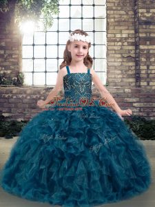 Teal Sleeveless Floor Length Beading and Ruffles Lace Up Glitz Pageant Dress