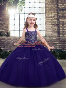 Purple Ball Gowns Beading Kids Pageant Dress Lace Up Tulle Sleeveless Floor Length