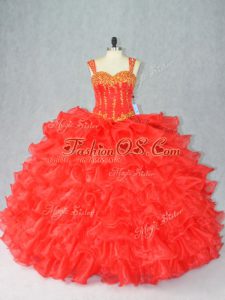 Charming Sleeveless Floor Length Beading and Ruffles Lace Up Quince Ball Gowns with Red