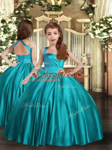 Luxurious Teal Satin Lace Up Little Girl Pageant Gowns Sleeveless Floor Length Ruching