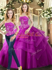 Stylish Fuchsia Lace Up Sweet 16 Dress Beading and Ruffles Sleeveless Floor Length
