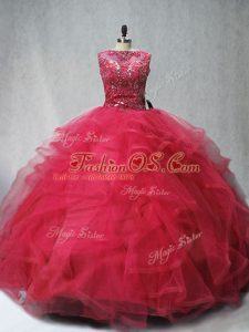 Coral Red Quinceanera Gown Sweet 16 and Quinceanera with Beading and Ruffles Scoop Sleeveless Brush Train Lace Up