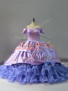 Sumptuous Lavender Ball Gowns Embroidery and Ruffles 15th Birthday Dress Lace Up Organza Sleeveless