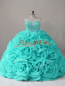 Unique Aqua Blue Fabric With Rolling Flowers Lace Up Sweetheart Sleeveless Sweet 16 Dresses Beading