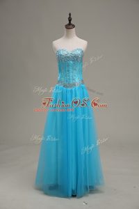 Discount Sleeveless Floor Length Beading Lace Up Homecoming Dress with Aqua Blue