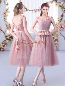 Pink Empire Scoop Sleeveless Tulle Tea Length Lace Up Appliques and Belt Court Dresses for Sweet 16