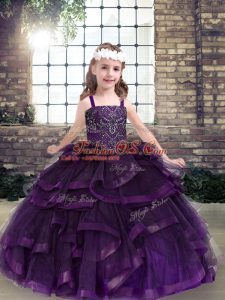 Purple Straps Lace Up Beading and Ruffles Glitz Pageant Dress Sleeveless
