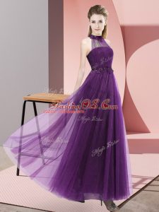 Luxurious Dark Purple Vestidos de Damas Wedding Party with Beading and Appliques Halter Top Sleeveless Lace Up