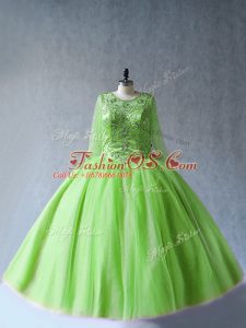 Fashion Floor Length Green Quinceanera Gowns Tulle Long Sleeves Beading