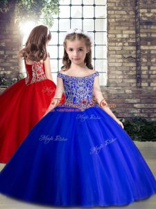 Ball Gowns Kids Pageant Dress Royal Blue Off The Shoulder Tulle Sleeveless Floor Length Lace Up