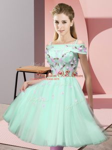 Apple Green Tulle Lace Up Off The Shoulder Short Sleeves Knee Length Vestidos de Damas Appliques