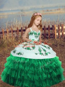 Custom Designed Floor Length Lace Up Child Pageant Dress Turquoise for Party and Wedding Party with Embroidery and Ruffled Layers