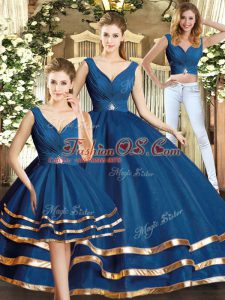 New Arrival Navy Blue Backless V-neck Beading and Ruffled Layers Quinceanera Gowns Tulle Sleeveless