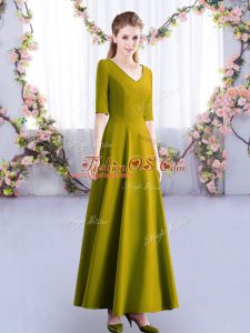 Hot Sale Olive Green V-neck Zipper Ruching Damas Dress Half Sleeves