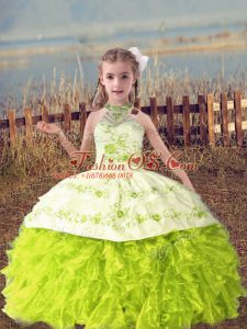 Popular Halter Top Sleeveless Little Girl Pageant Gowns Floor Length Beading and Embroidery and Ruffles Yellow Green Organza