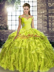 Eye-catching Organza Off The Shoulder Sleeveless Brush Train Lace Up Beading and Ruffles Sweet 16 Dress in Yellow Green
