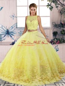 Lace Ball Gown Prom Dress Yellow Backless Sleeveless Sweep Train