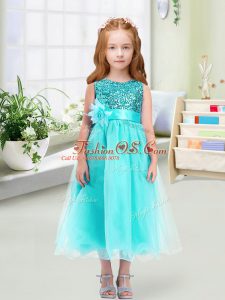 Traditional Aqua Blue Scoop Zipper Sequins and Hand Made Flower Flower Girl Dress Sleeveless