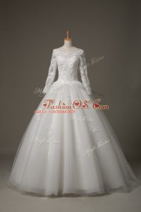 White Bridal Gown Tulle Brush Train 3 4 Length Sleeve Beading and Lace
