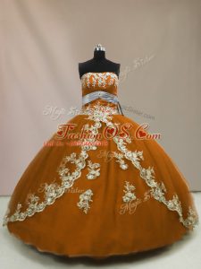 Brown Lace Up Strapless Appliques Ball Gown Prom Dress Tulle Sleeveless