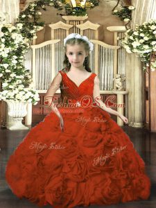 Nice Ball Gowns Girls Pageant Dresses Rust Red V-neck Fabric With Rolling Flowers Sleeveless Floor Length Backless