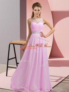Modest Pink Empire Beading Prom Gown Backless Chiffon Sleeveless Floor Length
