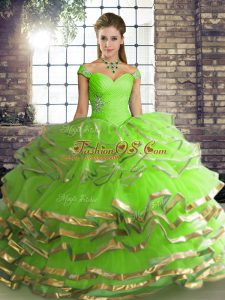 Edgy Tulle Lace Up Off The Shoulder Sleeveless Floor Length Quinceanera Dresses Beading and Ruffled Layers