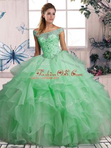 Popular Floor Length Apple Green Quinceanera Gowns Off The Shoulder Sleeveless Lace Up