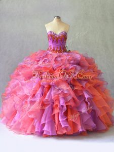 Flare Sleeveless Floor Length Beading and Ruffles Lace Up Sweet 16 Dress with Multi-color