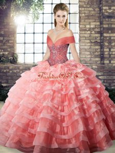 Smart Watermelon Red Off The Shoulder Lace Up Beading and Ruffled Layers Quinceanera Gown Brush Train Sleeveless