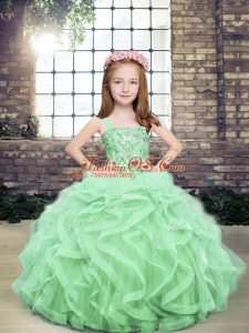 Apple Green Straps Neckline Beading and Ruffles Child Pageant Dress Sleeveless Lace Up