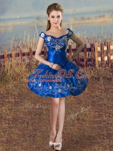 Royal Blue Lace Up Off The Shoulder Embroidery Prom Party Dress Taffeta Sleeveless