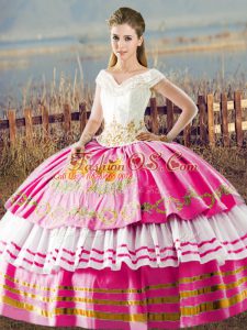 Sophisticated Ball Gowns Quinceanera Dresses Hot Pink V-neck Satin Sleeveless Floor Length Lace Up