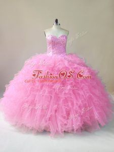 Beading and Ruffles Sweet 16 Dress Baby Pink Lace Up Sleeveless Floor Length