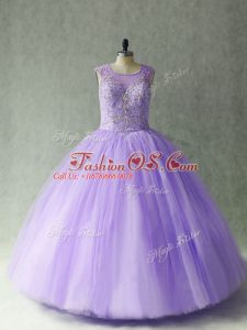 Lavender Tulle Lace Up Scoop Sleeveless Floor Length Quince Ball Gowns Beading