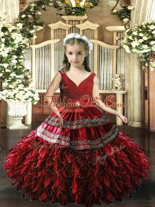 Sweet Beading and Appliques and Ruffles Little Girls Pageant Gowns Red Backless Sleeveless Floor Length