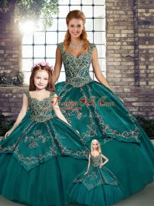 Sweet Teal Straps Neckline Beading and Embroidery Vestidos de Quinceanera Sleeveless Lace Up