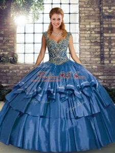 Taffeta Straps Sleeveless Lace Up Beading and Ruffled Layers Quinceanera Dresses in Blue