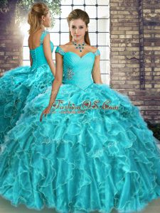 Dazzling Aqua Blue Lace Up Off The Shoulder Beading and Ruffles Sweet 16 Dresses Organza Sleeveless Brush Train