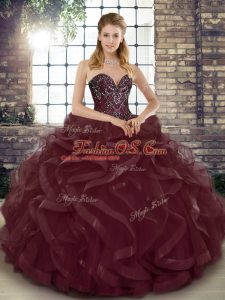 Luxury Burgundy Ball Gowns Tulle Sweetheart Sleeveless Beading and Ruffles Floor Length Lace Up Vestidos de Quinceanera