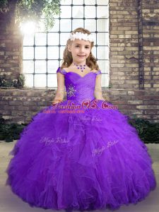 Straps Sleeveless Lace Up Little Girl Pageant Gowns Purple Tulle