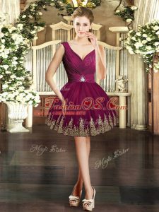 Cheap Burgundy Ball Gowns V-neck Sleeveless Tulle Mini Length Backless Embroidery Prom Party Dress