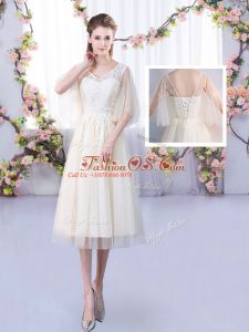 Champagne Empire V-neck Sleeveless Tulle Tea Length Lace Up Lace Dama Dress for Quinceanera